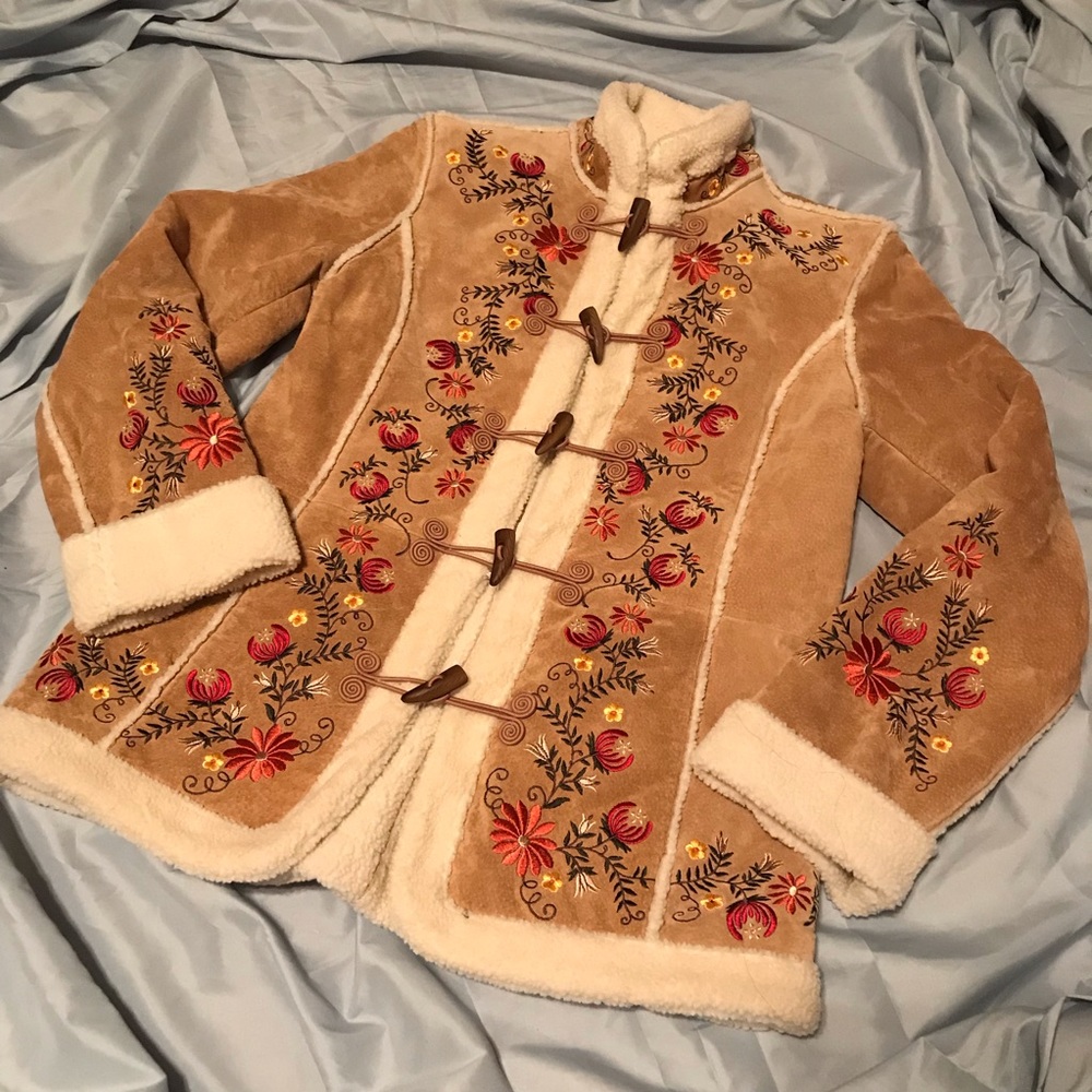 COPY - Tan Suede Floral Embroidered Faux Sherpa C…